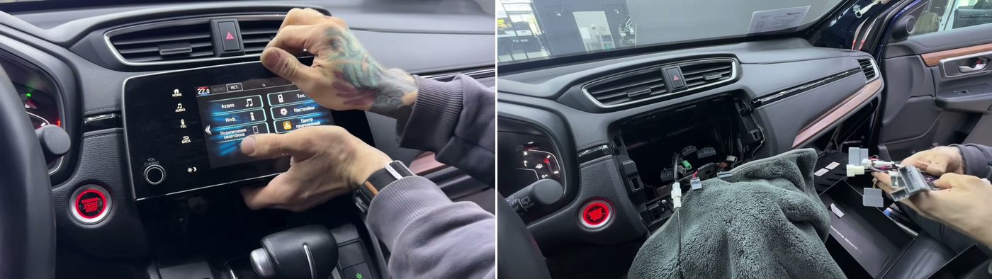 Штатный экран Honda с поддетой панелью и пустой проём со штатными разъёмами после снятия блока